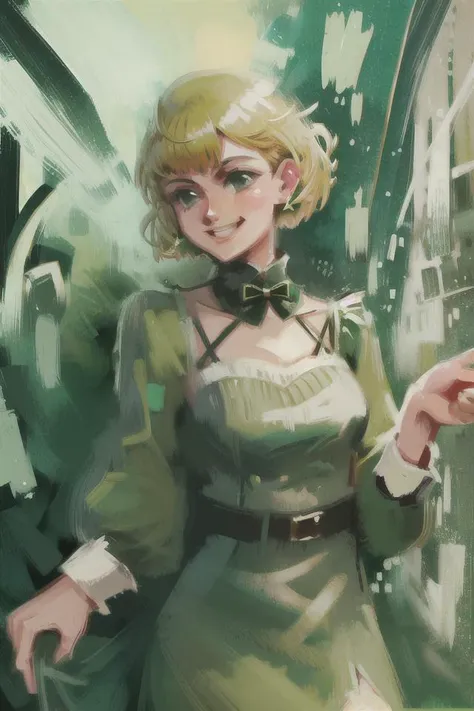 1girl, vintage, victorian, green short dress, blonde medium hair, pixie cut, smiling <lora:DiscoElysiumStyle_v1:1>