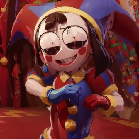 masterpiece, <lora:Pomni:0.8> pomni, multicolored clothes, jester cap, puffy short sleeves, gloves, buttons, colored skin, symbol-shaped pupils, red eyes, blue eyes, crazy, smile, constricted pupils, wide eyes, looking at viewer, upper body, indoor, dark, black background, <lora:DiscoElysiumStyle:0.8> zaum, elysiumchar, portrait, zaum, elysiumscape, scenery, goofy ahh