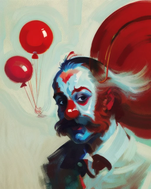 abstract, illustration, drunk clown holding ((one red balloon)), (white background) ZaUm, elysiumChar, portrait, hazy, atmospheric, digital art, <lora:DiscoElysiumStyle_v1:1> <lora:epiNoiseoffset_v2:0.6>