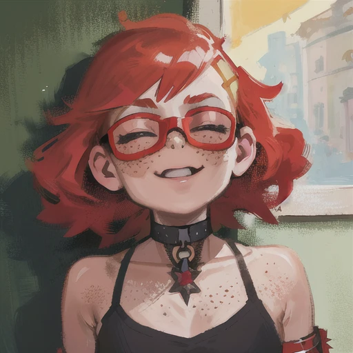 Red hair, thick outline, cartoon, illustration, ((freckles)), short hair, (one girl), eyes closed, <lora:DiscoElysiumStyle_v1:0.7>, ZaUm, elysiumChar, 12 year old girl, face focus, ((black glasses)), masterpiece, oil painting, thick eyebrows, femme fatale, choker, goth <lora:helltakerLora_10:0.3>, relieved, spiky hair