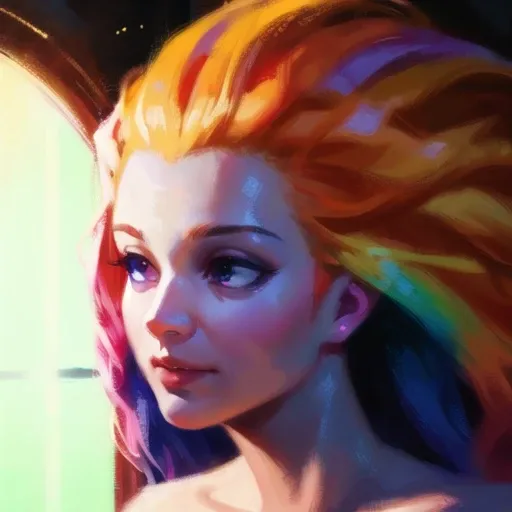 masterpiece, best quality, 8k, oil painting, soft lighting, morning, 1girl, portrait,face focus, ,[orange hair:purple buttom hair:0.8],[:colorful hair:0.7],forehead,very long hair,(colored inner hair:1.3),(gradient hair:1.2), blue and purple  eyes,