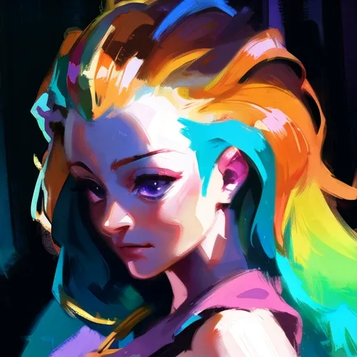 masterpiece, best quality, 8k, oil painting, soft lighting, morning, ZaUm, elysiumChar, 1girl, portrait,face focus, ,[orange hair:purple buttom hair:0.8],[:colorful hair:0.7],forehead,very long hair,(colored inner hair:1.3),(gradient hair:1.2), blue and purple  eyes,