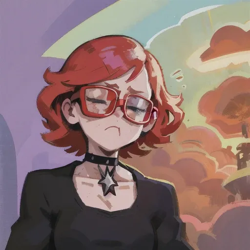 Red hair, thick outline, cartoon, illustration, ((freckles)), short hair, (one girl), eyes closed, <lora:DiscoElysiumStyle_v1:0.7>, ZaUm, elysiumChar, 12 year old girl, face focus, ((black glasses)), masterpiece, oil painting, thick eyebrows, femme fatale, choker, goth <lora:helltakerLora_10:0.3>, relieved, spiky hair