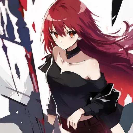 1girl, red hair, single bare shoulder, long hair, black clothes