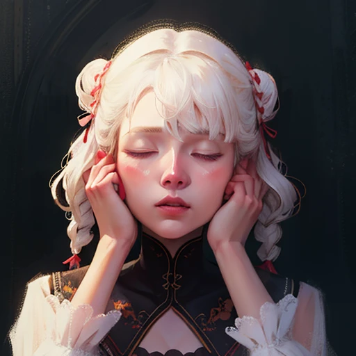 masterpiece, best quality, 8k, oil painting, soft lighting, morning, <lora:epiNoiseoffset_v2:0.4>,
ZaUm, elysiumChar, 1girl, portrait, closed_eyes, face focus, white hair, twinbraids, hands on own face,
<lora:DiscoElysiumStyle-000010:0.6>, <lora:pastelmixLocon_pastelAccent:0.4>,