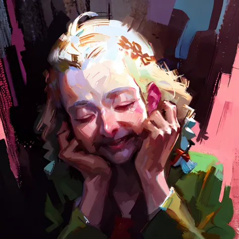 masterpiece, best quality, 8k, oil painting, soft lighting, morning, <lora:epiNoiseoffset_v2:0.4>,
ZaUm, elysiumChar, 1girl, portrait, closed_eyes, face focus, white hair, twinbraids, hands on own face,
<lora:DiscoElysiumStyle-000010:1>,
