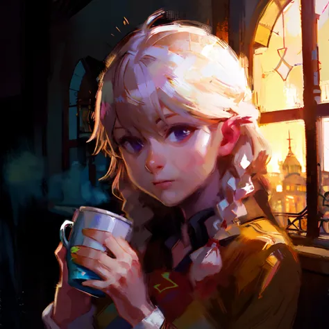 masterpiece, best quality, 8k, oil painting, soft lighting, morning, <lora:epiNoiseoffset_v2:0.4>,
ZaUm, elysiumChar, 1girl, ((expressionless)), portrait, face focus, against window, white hair, twinbraids, holding cup,
<lora:DiscoElysiumStyle-000010:1>,