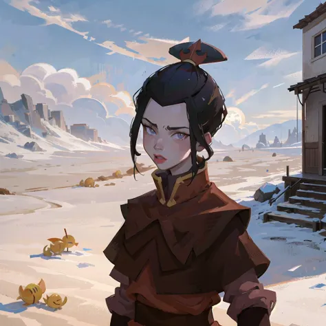 masterpiece, best quality, 1girl, azula, lipstick, makeup, looking at viewer, upper body, sun, blue sky, desert background <lora:Azula:1> <lora:DiscoElysiumStyle_v1:0.4>, detailed pupils,