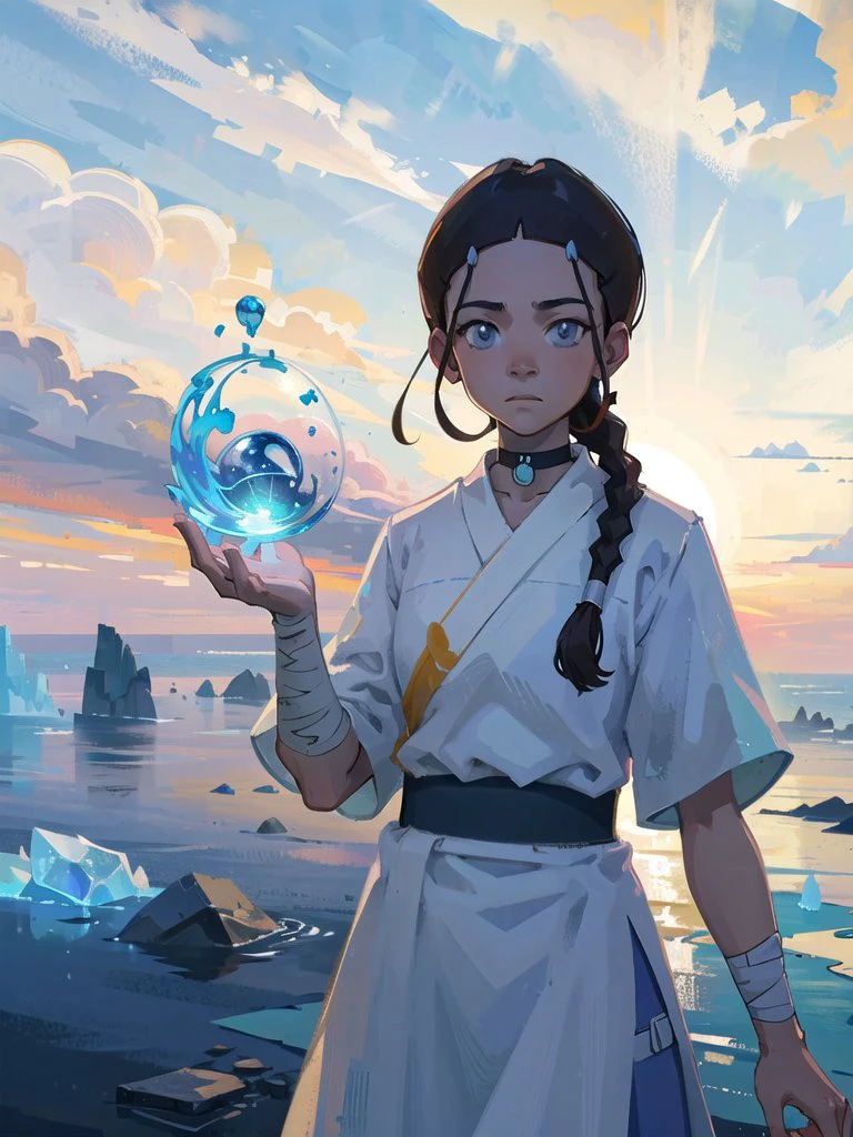 masterpiece, best quality, 1girl, katara, toned, dark skin, braid, ((((sarashi)))), bandages, jewelry, looking at viewer, upper body, iceberg background, sea, arctic, (blue eyes:0.6) <lora:KataraV2:0.8> <lora:DiscoElysiumStyle_v1:0.4>, detailed, nude, white pants, baggy pants, water, waterbending, bubble