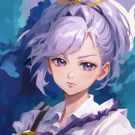 masterpiece, best quality, highres, 1girl, light purple hair, ponytail, nanatsu no taizai, pastel, portrait, upper body, white dress, <lora:jericho-10:0.6>, <lora:DiscoElysiumStyle_v1:0.5>, brush strokes