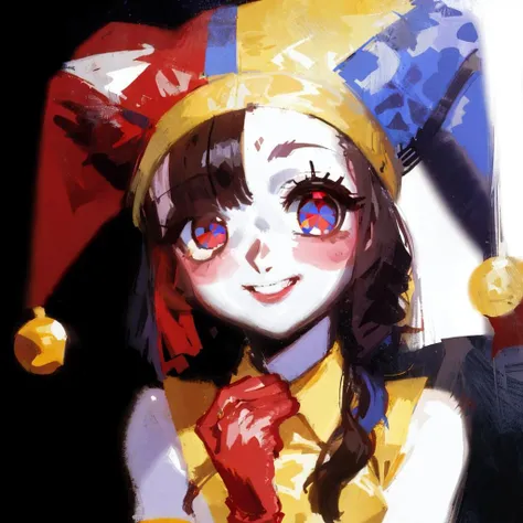 masterpiece, <lora:pomni:0.9> pomni, multicolored clothes, jester cap, puffy short sleeves, gloves, buttons, colored skin, symbol-shaped pupils, red eyes, blue eyes, crazy, smile, constricted pupils, wide eyes, looking at viewer, upper body, indoor, dark, black background, <lora:DiscoElysiumStyle:0.8> zaum, elysiumchar, portrait, zaum, elysiumscape, scenery