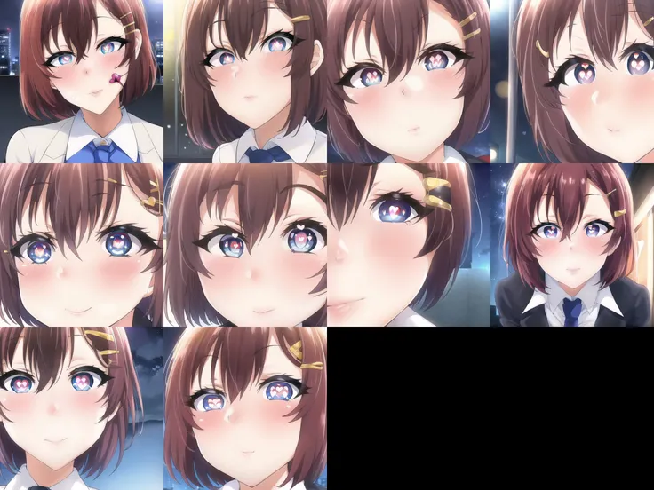 best quality, masterpiece, extremely detailed wallpaper, <lora:yomomirin:1>, <lora:akane-000006:1>, business suit, red hair, blue eyes, akane nanao, black necktie, breasts, short hair, hairclip, outdoors, night, looking at viewer, face close-up, (heart-shaped pupils:1.3)