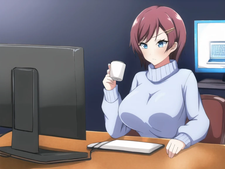 best quality, masterpiece, extremely detailed wallpaper, <lora:jabarand-000007:1>, <lora:akane-000006:1>, 1girl, solo, geek, computer, monitor, dark room, wires, long blue oversize sweater, shorts, red hair, blue eyes, akane nanao, medium breasts, short hair, hairclip, indoors, :| , computer chair, sitting, behind computer, gaming, coffee cup, lamp, long sleeves