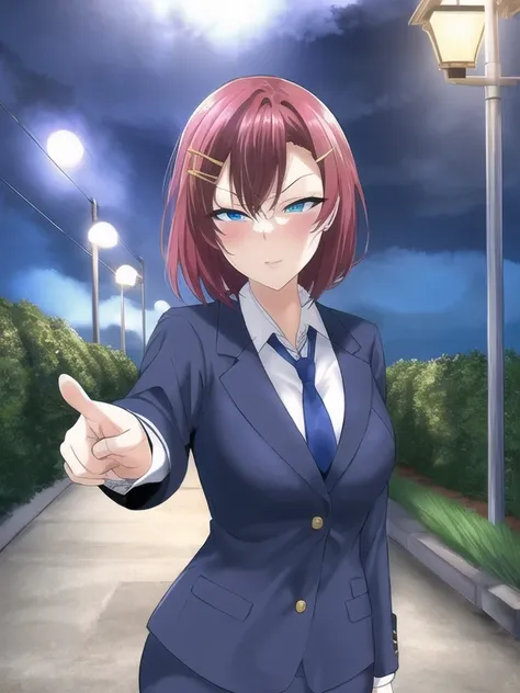 best quality, masterpiece, extremely detailed wallpaper,  <lora:yomomirin:1>,  <lora:akane-000006:1>, business suit, red hair, smug, blue eyes, akane nanao, black necktie, small breasts, short hair, hairclip, gold watch, outdoors, night, pointing at viewer, looking at viewer, gun, handgun,  street lamp, city, tree