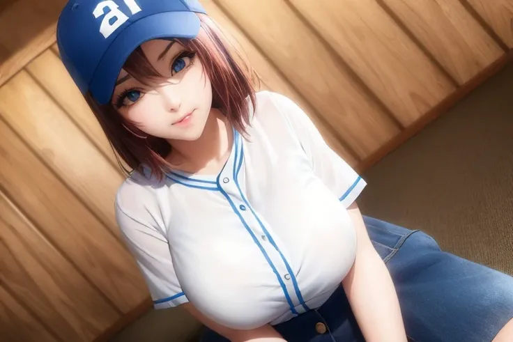 best quality, masterpiece, extremely detailed wallpaper,  <lora:akane-000006:1>, 1girl, red hair, short hair, blue eyes, akane nanao, hairclip, 1girl, solo, breasts, looking at viewer, short hair, blue eyes, large breasts, brown hair, shirt, hat, holding, hair between eyes, white shirt, short sleeves, dutch angle, black headwear, baseball cap, v arms, bucket, akane nanao, breasts squeezed together
