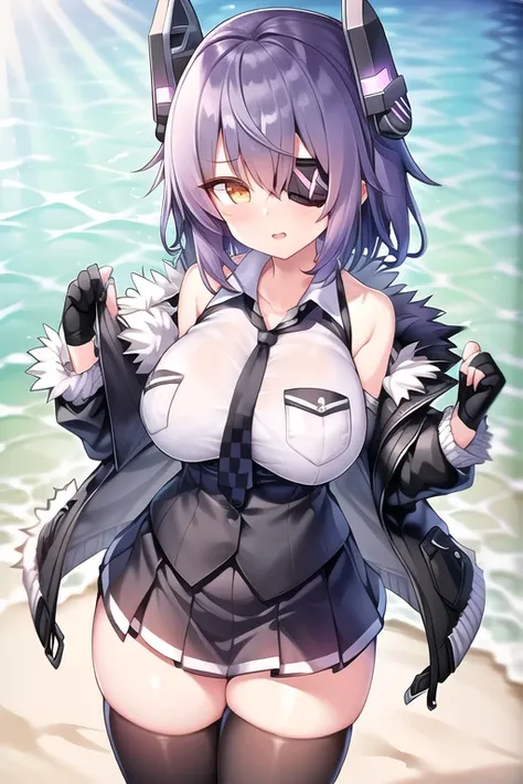 highres, absurdres,best quality, masterpiece, tenryuu \(kancolle\) ,1girl, black gloves, black jacket, black skirt, black thighhighs, breast pocket, checkered necktie, collared shirt,eyepatch, fur-trimmed jacket, fur trim, gloves, headgear, high-waist skirt, jacket, necktie, partially fingerless gloves, pleated skirt, pocket, purple hair, shirt, short hair, skirt, sleeveless, sleeveless shirt, white shirt ,yellow eye, open jacket, standing, sea, ocean