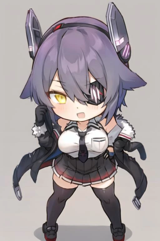 tenryuu kai ni \(kancolle\), (chibi),standing, black gloves, black jacket, black skirt, black thighhighs, breast pocket, checkered necktie, collared shirt,eyepatch, fur-trimmed jacket, fur trim, gloves, headgear, high-waist skirt, jacket, necktie, partially fingerless gloves, pleated skirt, pocket, purple hair, shirt, short hair, skirt, sleeveless, sleeveless shirt, white shirt ,yellow eyes, open jacket,