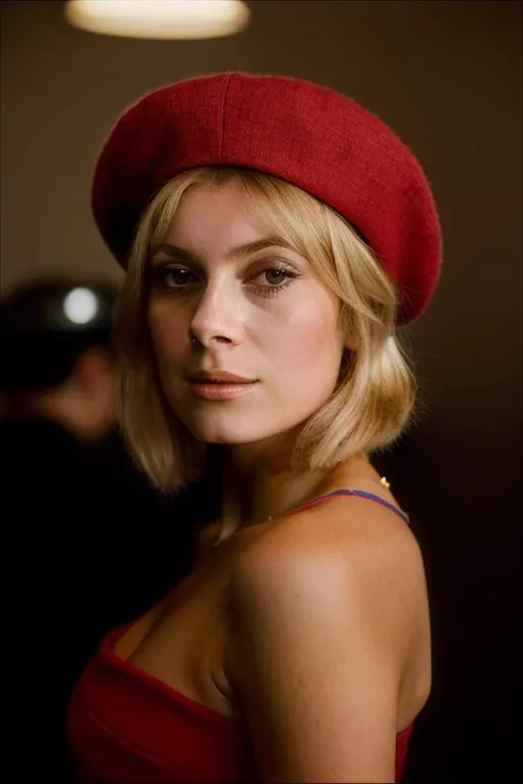 Realistic photo of a beautiful c4th3r1n3d-v2 woman, 1girl, solo, short hair, blonde hair, hat, closed mouth, upper body, medium hair, black eyes, lips, beret, red headwear, realistic, soft lighting, professional Photography, Photorealistic, detailed, RAW, analog, sharp focus, 8k, HD, DSLR, high quality, Fujifilm XT3, film grain, award winning, masterpiece<lora:c4th3r1n3d-v2:1.0>