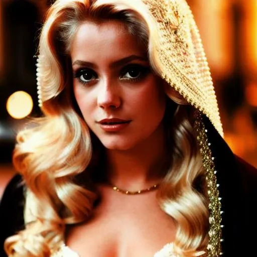 closeup photography, sexy CD<lora:CD:1>, looking at viewer, blonde hair, long hair, hood, lips, curly hair, make up, jewlery, Paris night background, night dress, realistic