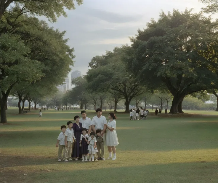 a photo of family taking picture on park, (by_edward_yang:1.4) <lora:Edward_Yang_Style:1>