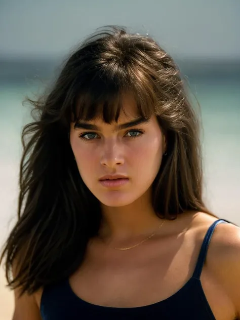 A beautiful br00k3s woman, 1girl,solo,long hair,looking at viewer,bangs,blue eyes,brown hair,closed mouth,lips,traditional media,portrait,realistic,nose,black top tank,soft lighting, professional Photography, Photorealistic, detailed, RAW, analog, sharp focus, 8k, HD, high quality, masterpiece<lora:br00k3s:1.0>