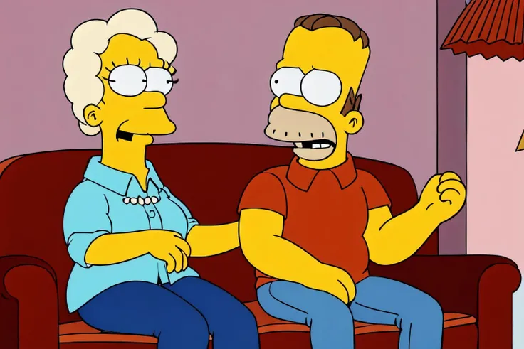 a woman and a man sitting in a couch holding hands in the living room, EdobSimpsons  <lora:EdobSimpsons_v1.0:0.8>