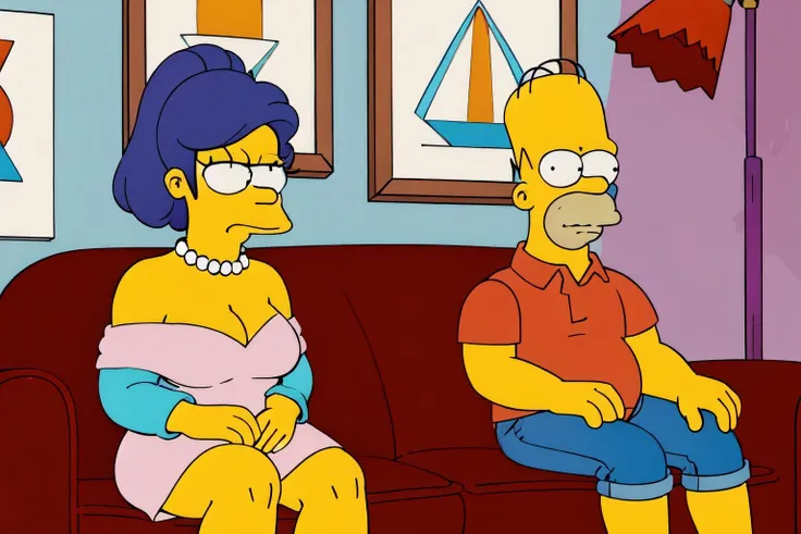 a woman and a man sitting in a couch in the living room, EdobSimpsons <lora:EdobSimpsons_v1.0:0.8>