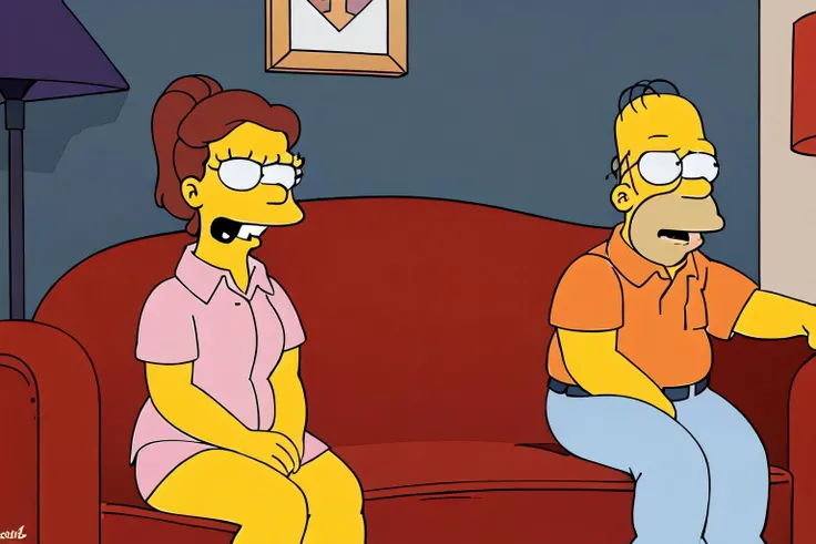 a woman and a man sitting in a couch in the living room, EdobSimpsons <lora:EdobSimpsons_v1.0:0.8>