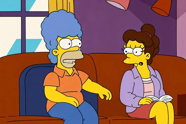 a woman and a man sitting in a couch in the living room, EdobSimpsons <lora:EdobSimpsons_v1.0:0.8>