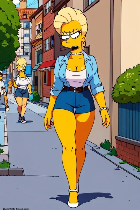 a woman with blonde hair, sexy body and outfit, walking in the sidewalk, EdobSimpsons <lora:EdobSimpsons_v1.0:0.8>