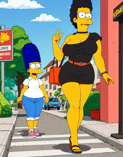 a woman with sexy body and outfit, black hair, walking in the sidewalk, EdobSimpsons  <lora:EdobSimpsons_v1.1:0.8>