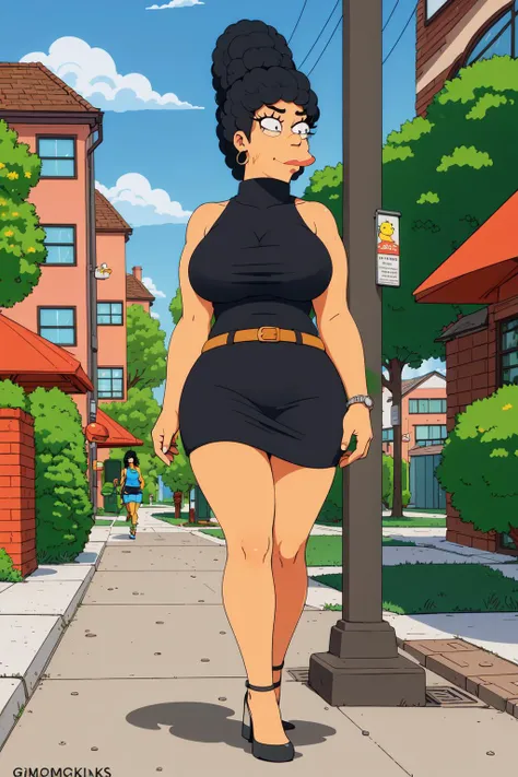 a woman with sexy body and outfit, black hair, walking in the sidewalk, EdobSimpsons <lora:EdobSimpsons_v1.1:0.8>