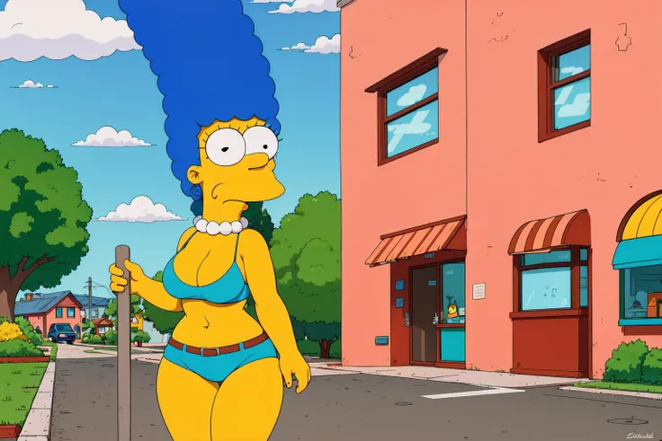 solo a woman with sexy body and outfit, walking in the sidewalk, EdobSimpsons <lora:EdobSimpsons_v1.1:0.8>