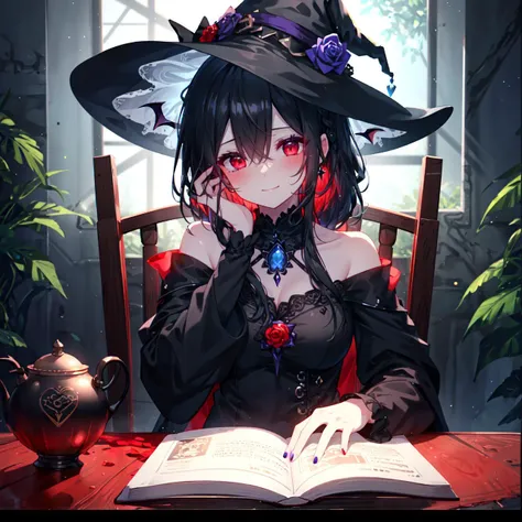 (masterpiece), (best quality), highly detailed,ultra-detailed,(extremely detailed CG unity 8k wallpaper),incredibly absurdres,(official art),colorful,(Line optimization),
[Red:0.333], [Orange:0.333], [Yellow:0.333], [Green:0.333], [Cyan:0.333], [Blue:0.333], [Purple:0.333], [Black:0.333], [White:0.333], [Golden:0.333],
(1girl, witch hat, hat, solo, book, braid,looking at viewer, open book, cup, long hair, teacup, smile,sitting, head rest, bow, bare shoulders, black headwear, long sleeves, table, shirt, breasts, black bow, detached sleeves, nail polish, white shirt, blue nails, closed mouth, witch, tea, chair, hair bow, blush, bangs, side braid, saucer, jewelry),
(Heart ahoge,hair flower,+_+, (black hair,purple eyes,Red eyes),demon girl,demon horns,glowing eyes,shaded face,medium_breasts,perky breasts,blue eyeshadow,mole under eye,red rose),
(perfect body),(fine and beautiful detailed skin:1.2),(shiny:1.3),(Oil highlights:1.3)[wet with oil:0.6],(shiny skin:1.3),(seductive),
gorgeous,fantasism,nature,refined rendering,original,contour deepening,high-key and low-variance brightness scale,soft light,light and dark interlaced,(colorful),(sparkle),(special effects),(mystic energy),
 <lora:qys3-v2:0.7>