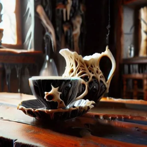 obsidianbone teacup on a table next to a pitcher in an empty room. volumetric lighting. <lora:ObsidianBone:2.2>
