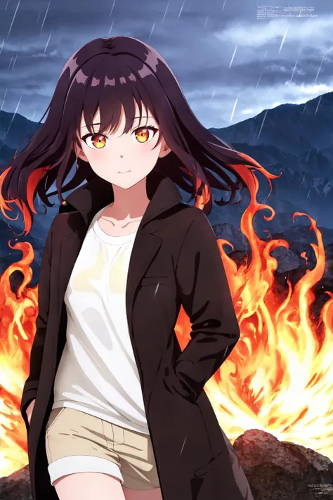 masterpiece, best quality, MegamiStyleV4, 1girl, solo, mountain, extremely detailed, fire, fire swirl, long coat, black coat, ankle boots, outdoors, thunder, rain, glowing, glowing eyes, upper body, hands in pocket