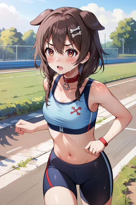 (masterpiece, best quality), intricate details,
1girl, <lora:inugami korone 7 outfits:0.8> koronedefault, animal collar, low twin braids, bone hair ornament,
<lora:doyagao_v080:0.8>
running, sweating, track, sports bra, bike shorts,