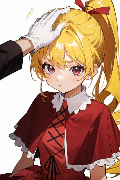 (masterpiece, best quality),  intricate details,
1girl,     <lora:BiscuitV1:0.6> biskywz, tiny girl, blonde hair, ponytail, long hair, hair ribbon,red dress, bobby socks, capelet, white gloves, 
 <lora:Concept_Headpat:0.8> headpat <lora:doyagao_v080:1>