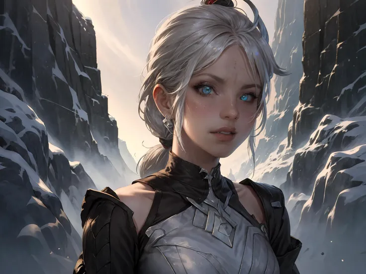 ((masterpiece:1.2, best quality)), 1aldy, solo, king, (Alphonse Mucha:1.1), ((upper body:1.2)), (round chin:1.6), large_breast, ((((fur armor)))), ((((low-braided long hair, black hair, a difficult girl, grey eyes, elf ears)))), ((((in a snowy volcano, cinder snow, beautiful landscape)))), <lora:GVT:1.6>  <lora:Conctept_More-details:1>