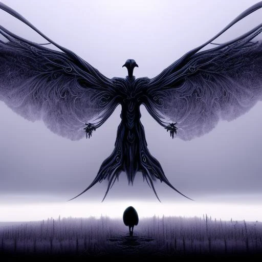 Concept art of a giant slender fractal titan, ravens, elegant, day time, foreboding, fantasy, field, in (reasonableDrink: 1.2) style