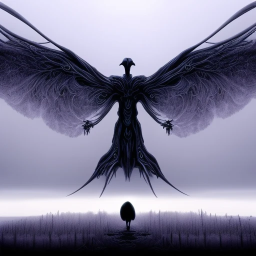Concept art of a giant slender fractal titan, ravens, elegant, day time, foreboding, fantasy, field, in (reasonableDrink: 1.2) style