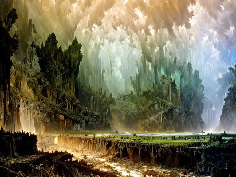 epic, hyperdetailed 3d matte painting, cinemascope panoramic, awe inspiring, colossal, landscape, ((Jesus said, If the flesh came into being because of spirit, it is a wonder. But if spirit came into being because of the body, it is a wonder of wonders. Indeed, I am amazed at how this great wealth has made its home in this poverty.)), natural skin texture, muted colors, sharp focus, ((((cinematic look)))), insane details, intricate details, (clutter:1.3), (decay:1.3), (grit:1.3), (darkness), (grunge:1.3), (oozing pools of filth:1.3), art by greg rutkowski and by caravaggio and by moebius and by alphonse mucha and by David Teniers the Elder, analog style, reasonableDrink