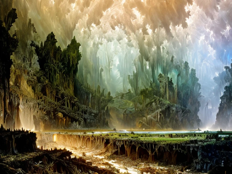epic, hyperdetailed 3d matte painting, cinemascope panoramic, awe inspiring, colossal, landscape, ((Jesus said, If the flesh came into being because of spirit, it is a wonder. But if spirit came into being because of the body, it is a wonder of wonders. Indeed, I am amazed at how this great wealth has made its home in this poverty.)), natural skin texture, muted colors, sharp focus, ((((cinematic look)))), insane details, intricate details, (clutter:1.3), (decay:1.3), (grit:1.3), (darkness), (grunge:1.3), (oozing pools of filth:1.3), art by greg rutkowski and by caravaggio and by moebius and by alphonse mucha and by David Teniers the Elder, analog style, reasonableDrink