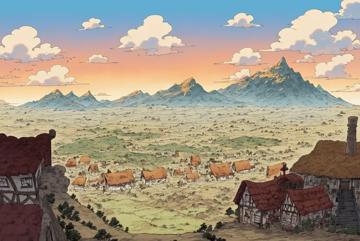score_9, score_8_up, score_7_up,  a stunning sunset,, multiple boys, sittings <lora:onepiecestylev1:1> onepiecestyle,town,mountains, landscape,sky,clouds