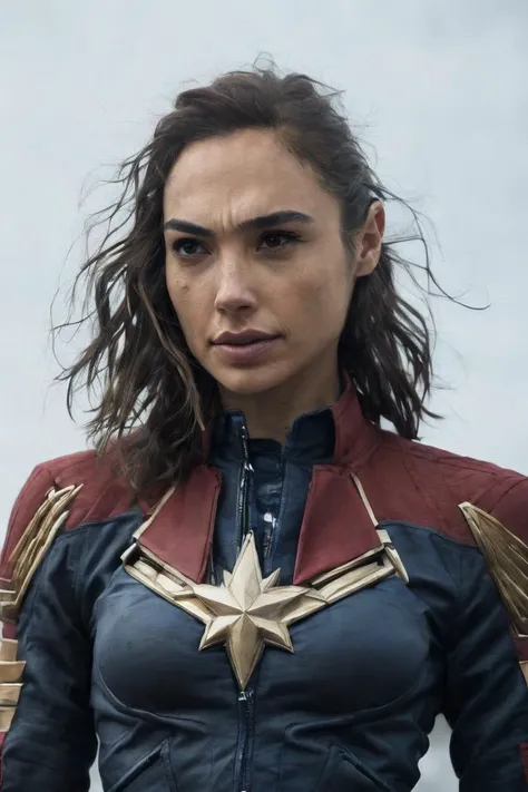 A stunning intricate full color portrait of gldot <lora:GalGadotDogu2.1v2:1.2>, (rim lighting on hair), shallow sharp depth of field, feminine heroic,(curvy:1.2), (highly detailed), (Award winning), (Masterpiece), movie still, (HDR), (8k wallpaper),captain marvel suit,flying,sky background,female focus