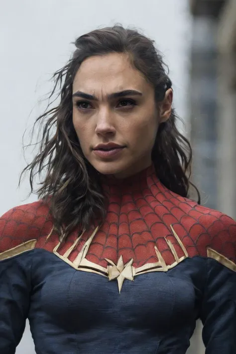 A stunning intricate full color portrait of gldot <lora:GalGadotDogu2.1v2:1.25> (rim lighting on hair), shallow sharp depth of field, feminine heroic,(curvy:1.2), (highly detailed), (Award winning), (Masterpiece), movie still, (HDR), (8k wallpaper),captain (spiderman:1.3),flying,sky background,female focus