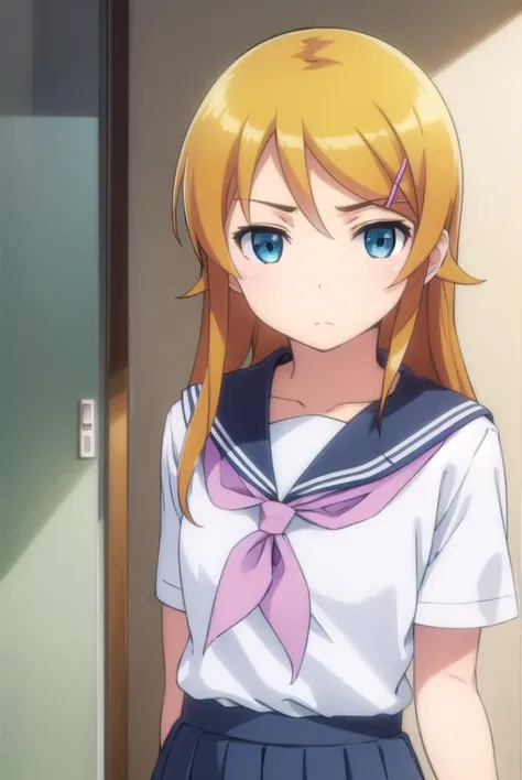 kirinokousaka, <lora:kirino kousaka s2-lora-nochekaiser:1>,
kirino kousaka, long hair, blue eyes, hair ornament, hairclip, orange hair, aqua eyes,
BREAK skirt, school uniform, serafuku, shirt, white shirt, grey sailor collar, grey skirt, pleated skirt, neckerchief, pink neckerchief,
BREAK indoors, classroom,
BREAK looking at viewer, (cowboy shot:1.5),
BREAK <lyco:GoodHands-beta2:1>, (masterpiece:1.2), best quality, high resolution, unity 8k wallpaper, (illustration:0.8), (beautiful detailed eyes:1.6), extremely detailed face, perfect lighting, extremely detailed CG, (perfect hands, perfect anatomy),