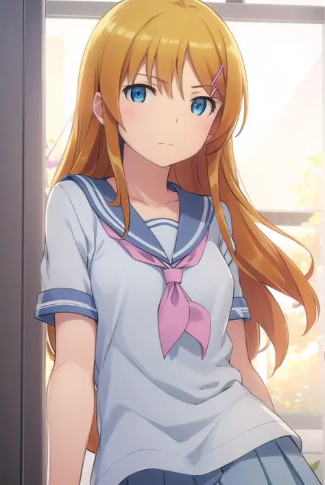 kirinokousaka, <lora:kirino kousaka s2-lora-nochekaiser:1>,
kirino kousaka, long hair, blue eyes, hair ornament, hairclip, orange hair, aqua eyes,
BREAK skirt, school uniform, serafuku, shirt, white shirt, grey sailor collar, grey skirt, pleated skirt, neckerchief, pink neckerchief,
BREAK indoors, classroom,
BREAK looking at viewer, (cowboy shot:1.5),
BREAK <lyco:GoodHands-beta2:1>, (masterpiece:1.2), best quality, high resolution, unity 8k wallpaper, (illustration:0.8), (beautiful detailed eyes:1.6), extremely detailed face, perfect lighting, extremely detailed CG, (perfect hands, perfect anatomy),