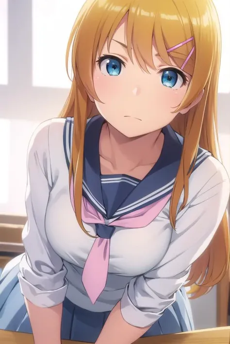 kirinokousaka, <lora:kirino kousaka s2-lora-nochekaiser:1>,
kirino kousaka, long hair, blue eyes, hair ornament, hairclip, orange hair, aqua eyes,
BREAK skirt, school uniform, serafuku, shirt, white shirt, grey sailor collar, grey skirt, pleated skirt, neckerchief, pink neckerchief,
BREAK indoors, classroom,
BREAK looking at viewer, (cowboy shot:1.5),
BREAK <lyco:GoodHands-beta2:1>, (masterpiece:1.2), best quality, high resolution, unity 8k wallpaper, (illustration:0.8), (beautiful detailed eyes:1.6), extremely detailed face, perfect lighting, extremely detailed CG, (perfect hands, perfect anatomy),
