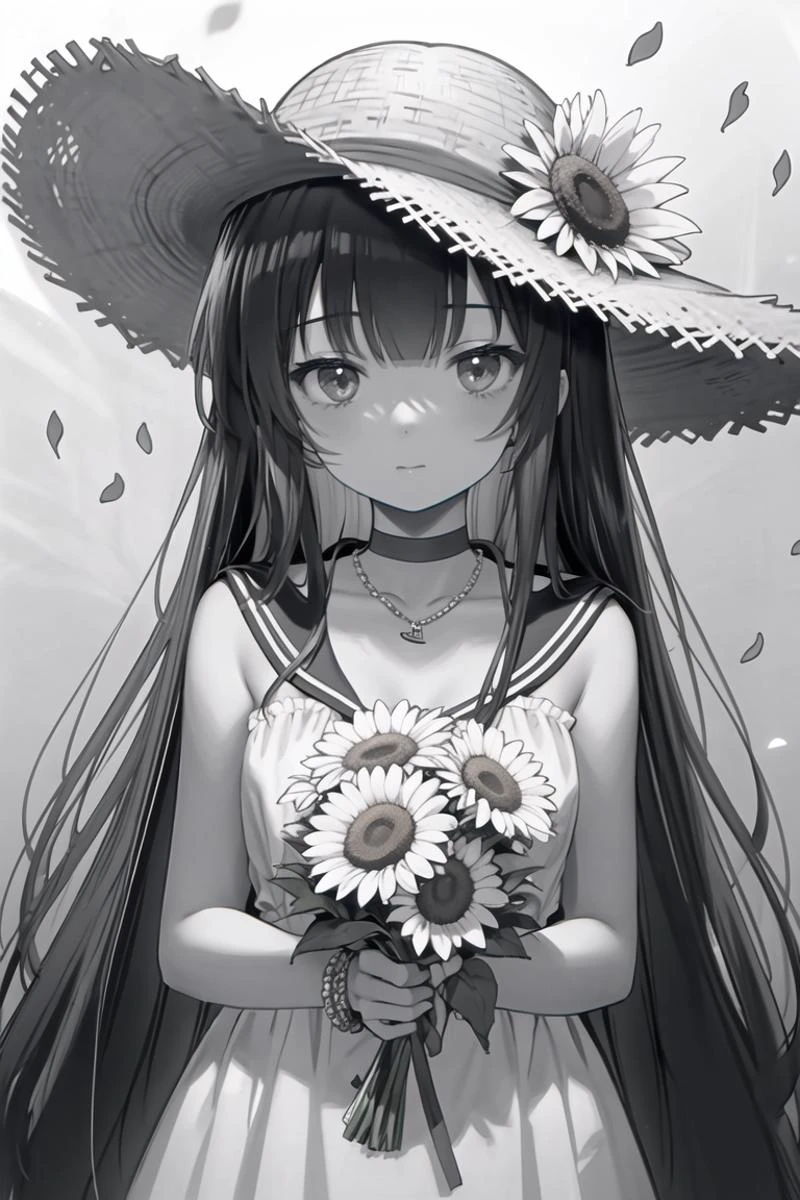 (masterpiece),best quality,1girl, lineart, monochrome, hat, flower, greyscale, sunflower, solo, long hair, dress, looking at viewer, straw hat, jewelry, petals, hand on headwear, holding, bracelet, transparent background, ribbon, sailor dress, holding flower, sailor collar, choker, bangs, very long hair, necklace, closed mouth, sleeveless, sun hat, bouquet